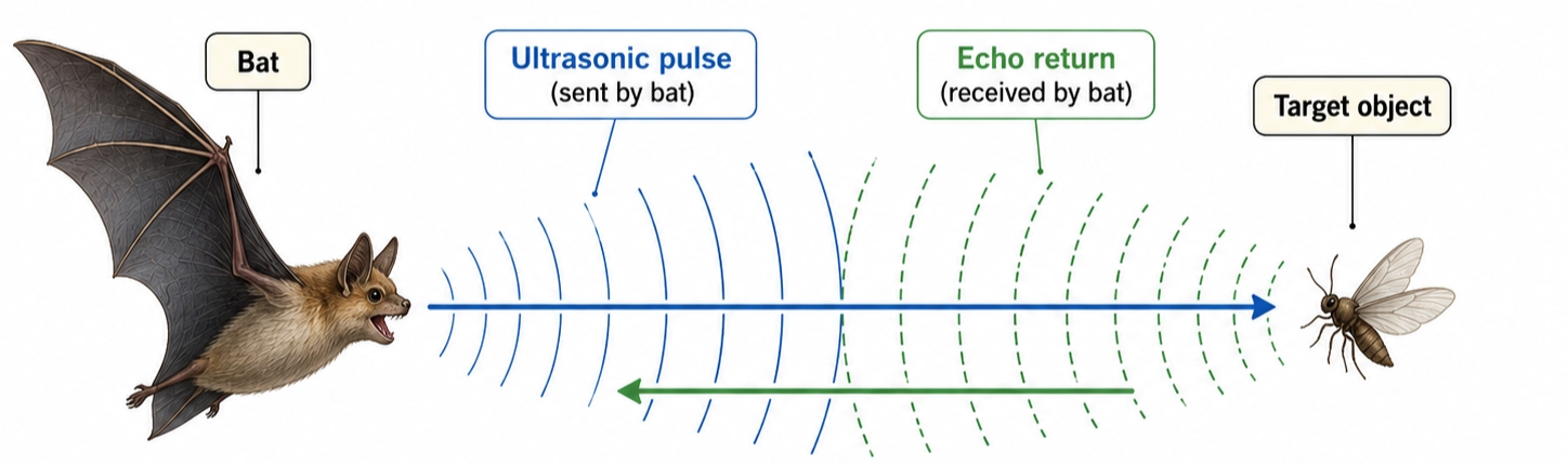 Diagram showing how bats use echolocation, similar to how pulsed radar measures distance