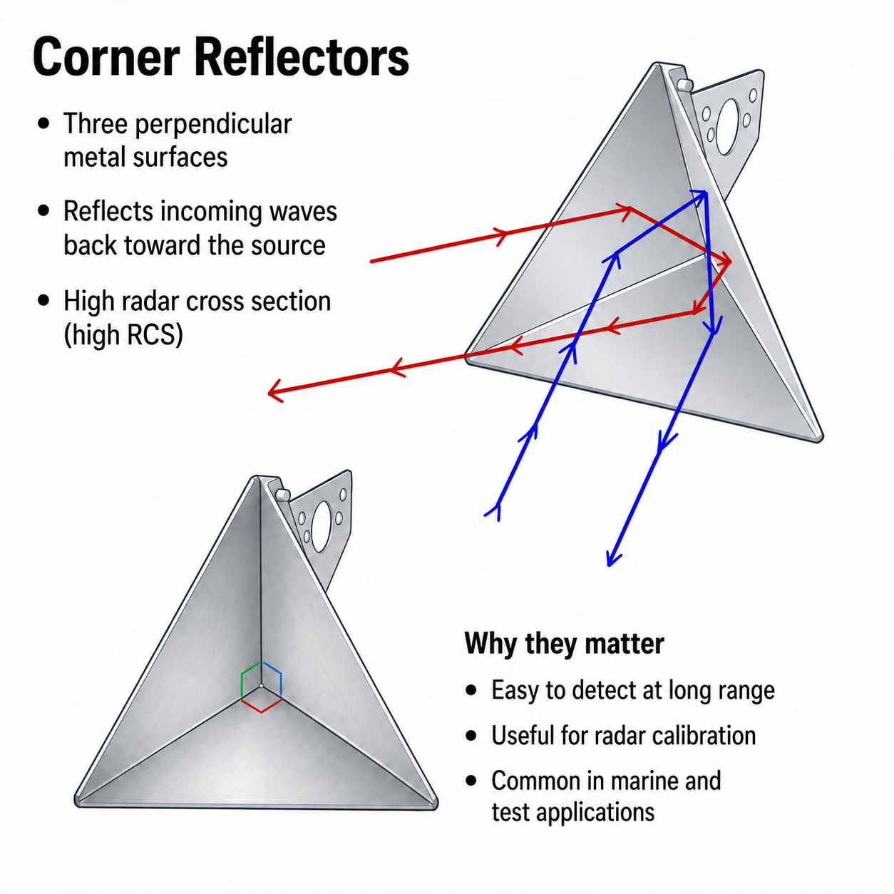 Corner reflectors reflect all signals directly back towards the source.